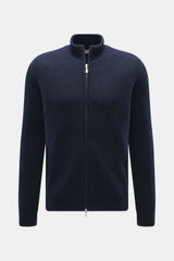 Gran Sasso Cashmere Strickjacke navy im Regular Fit, frontale Ansicht, Stehkragen, Zwei-Wege-Reißverschluss, Patentstrick, weicher Griff.