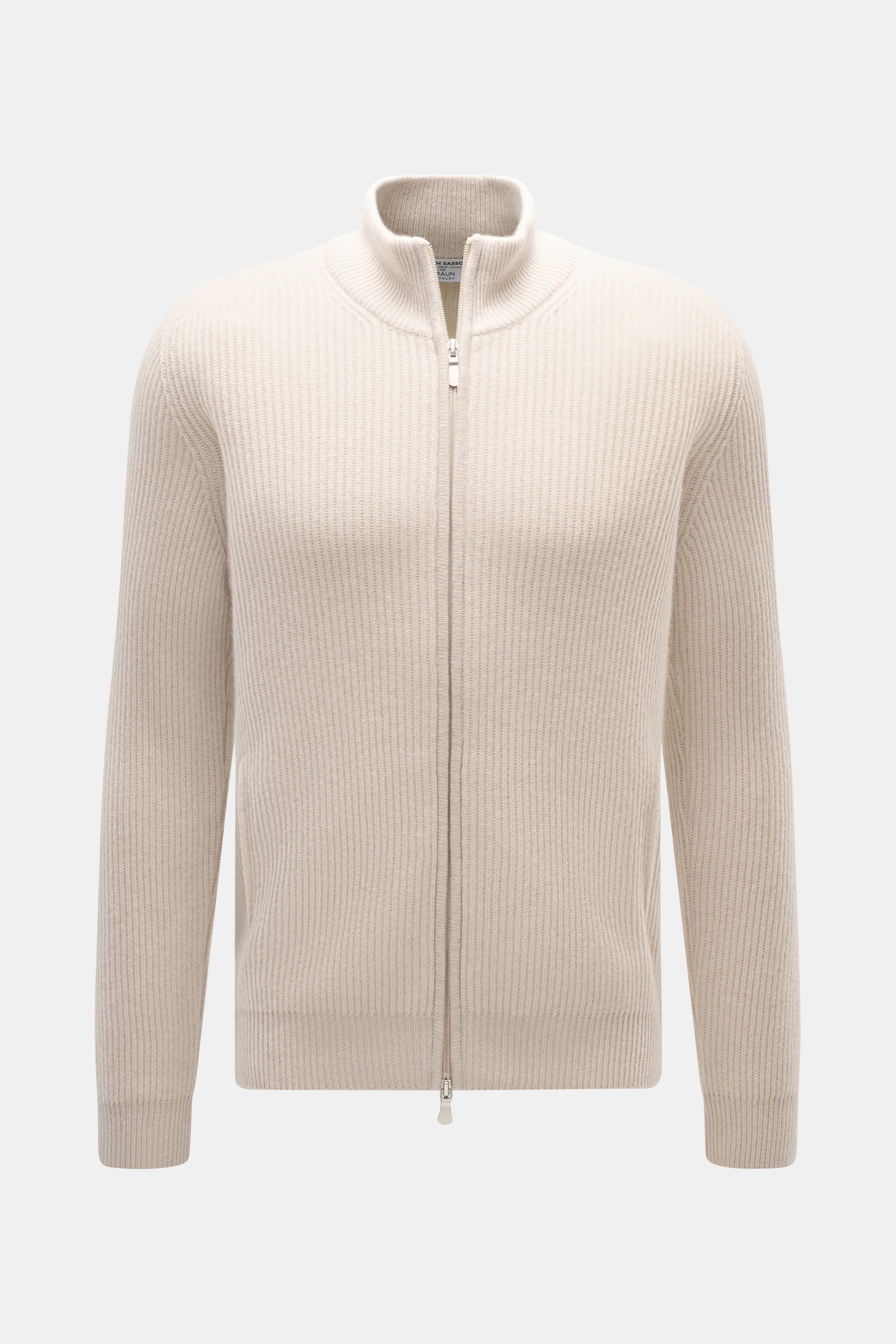 Front view of the Gran Sasso Cashmere Cardigan sand in heavy patent knit, with ribbed collar, two-way zipper, and slanted pockets, made of pure cashmere. 

<p>The luxurious cardigan by GRAN SASSO is made from the finest cashmere in a patent knit - a timel