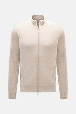 Gran Sasso Cashmere Strickjacke sand, frontale Nahaufnahme, Stehkragen, zwei-Wege-Reißverschluss, schwerer Patentstrick aus reinem Cashmere, Regular Fit, weicher Griff