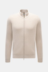 Gran Sasso Cashmere Strickjacke sand, frontale Nahaufnahme, Stehkragen, zwei-Wege-Reißverschluss, schwerer Patentstrick aus reinem Cashmere, Regular Fit, weicher Griff