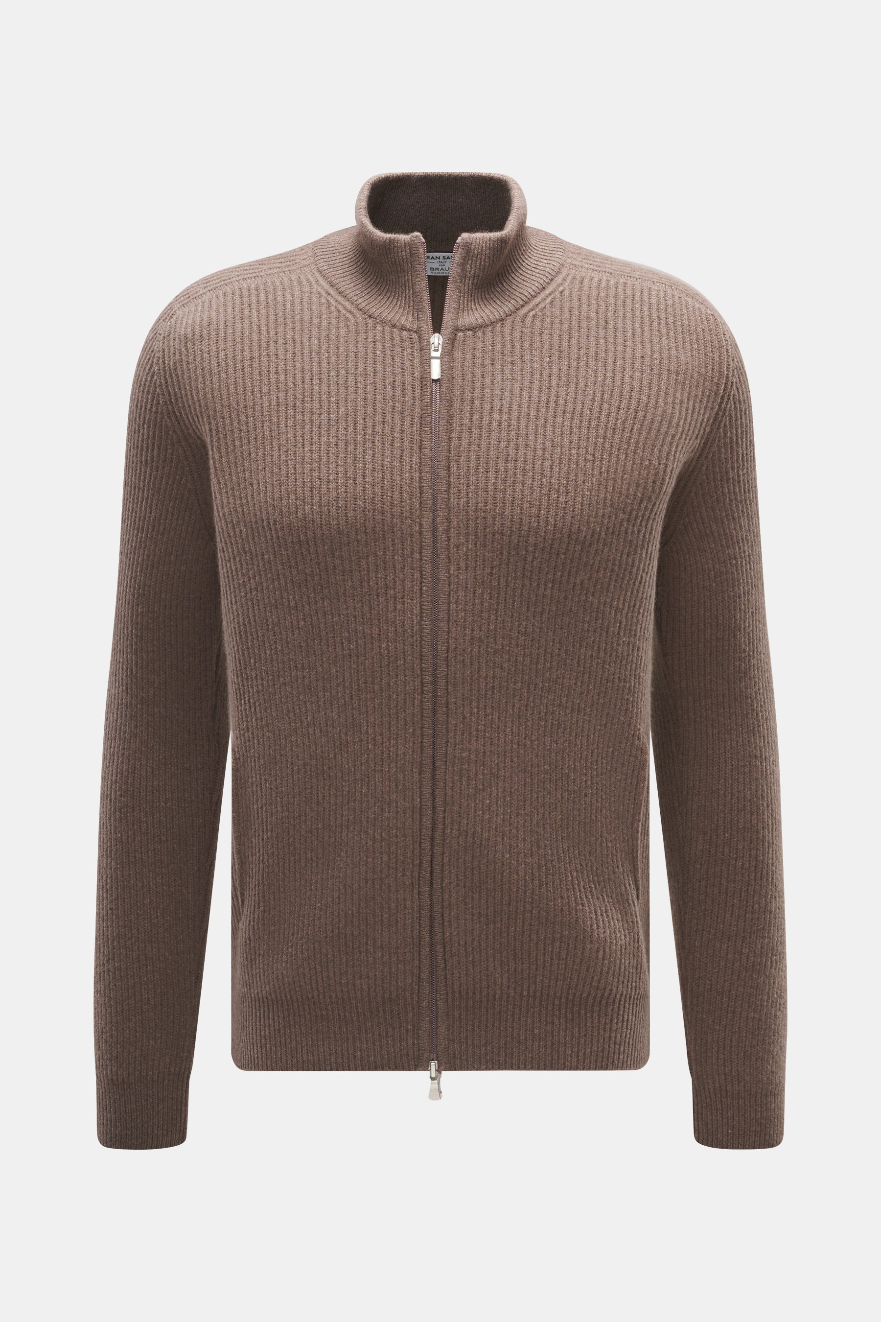 Front view of the Gran Sasso Cashmere Cardigan grey-brown, a pure cashmere, heavy patent knit cardigan with a soft feel, medium-fine knit pattern, regular fit, ribbed stand-up collar, two-way zipper, and slanted hip pockets. 

Description: <p>The luxuriou