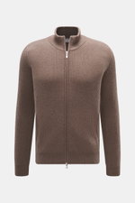 Gran Sasso Cashmere Strickjacke graubraun, Frontansicht, Stehkragen, Zwei-Wege-Reißverschluss, schwerer Patentstrick, Regular Fit, weicher Griff.