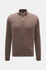 Gran Sasso Cashmere Strickjacke graubraun, Frontansicht, Stehkragen, Zwei-Wege-Reißverschluss, schwerer Patentstrick, Regular Fit, weicher Griff.