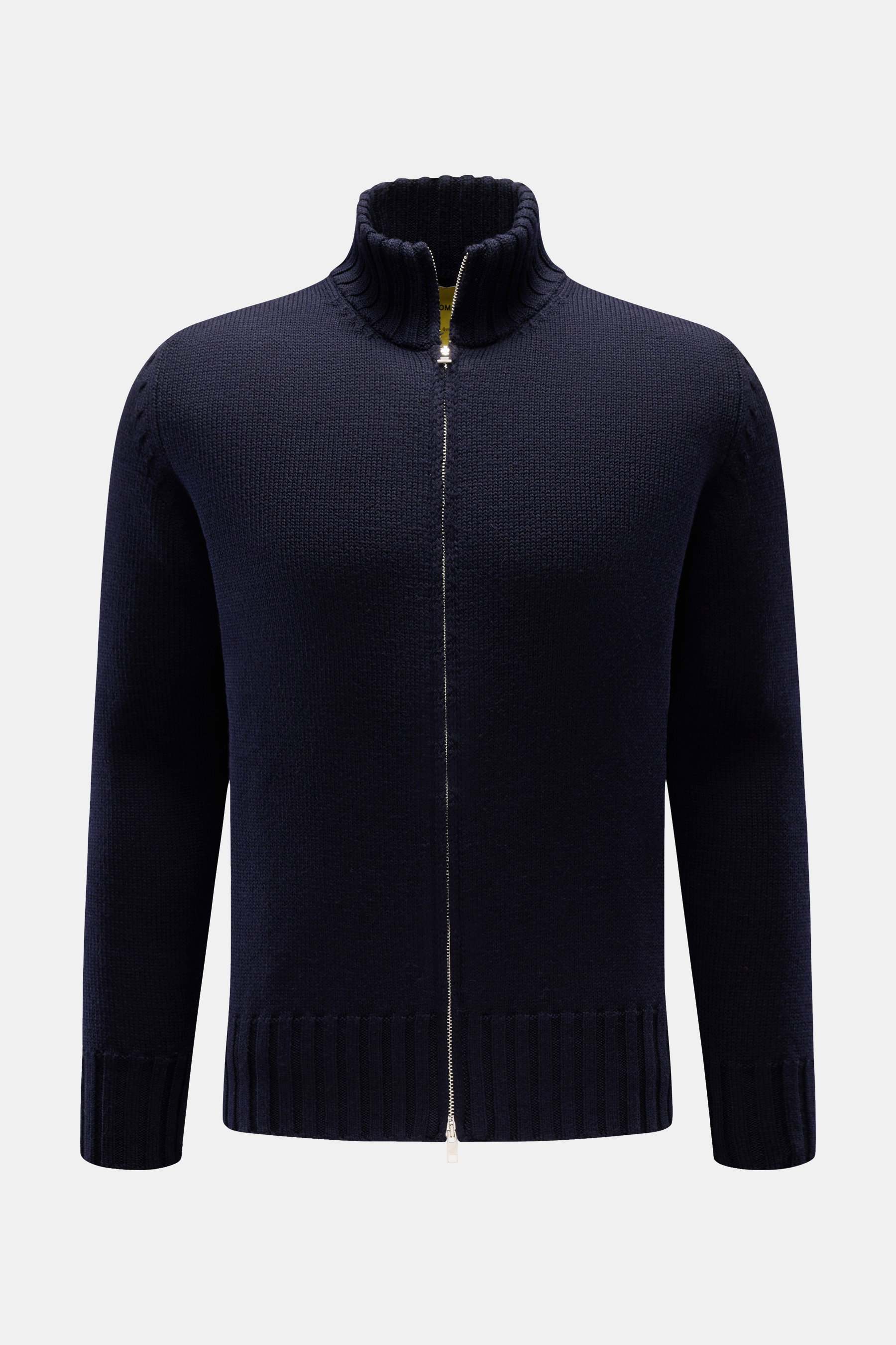 Front view of B.F. Knitwear Merino cardigan navy, a slim fit, semi chunky knit with standing collar, two-way zip, ribbed bands.

Description:  
<p>A high-quality all-rounder for cool days: This cardigan by B.F. KNITWEAR in soft merino wool with high-faste
