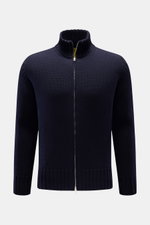 B.F. Knitwear Merino Strickjacke navy aus reiner Merinowolle, Slim Fit, mittelgrobes Strickbild, Stehkragen, Zwei-Wege-Reißverschluss, frontal fotografiert.