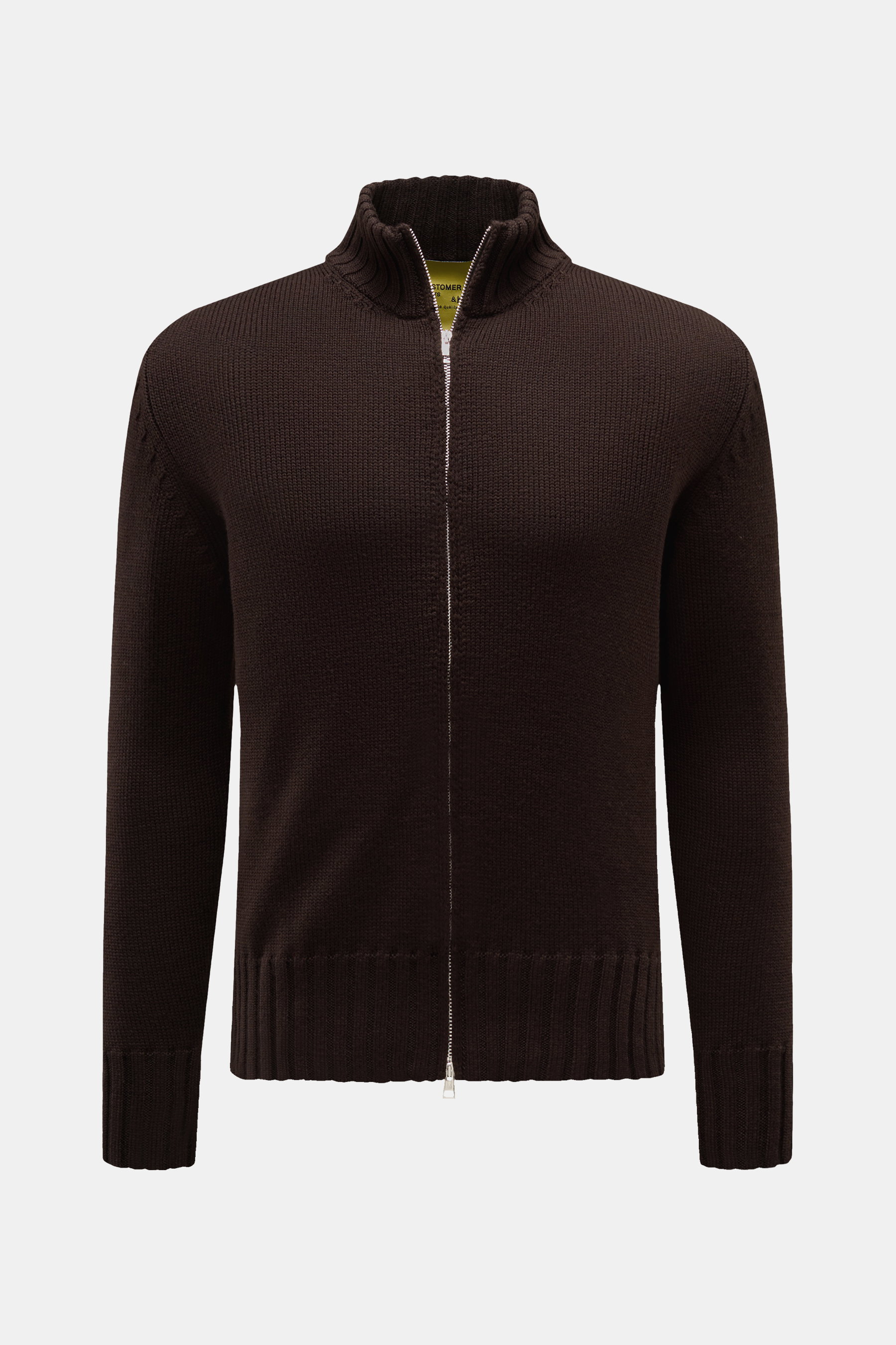 Front view of B.F. Knitwear Merino cardigan dark brown in soft, pure merino wool with semi chunky knit, slim fit, two-way zip, standing collar, and ribbed bands.