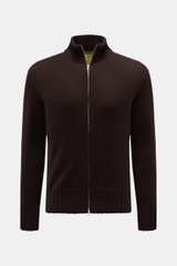 B.F. Knitwear Merino Strickjacke dunkelbraun, frontal fotografiert, Slim Fit aus reiner Merinowolle mit Stehkragen, Zwei-Wege-Reißverschluss und Rippbündchen.