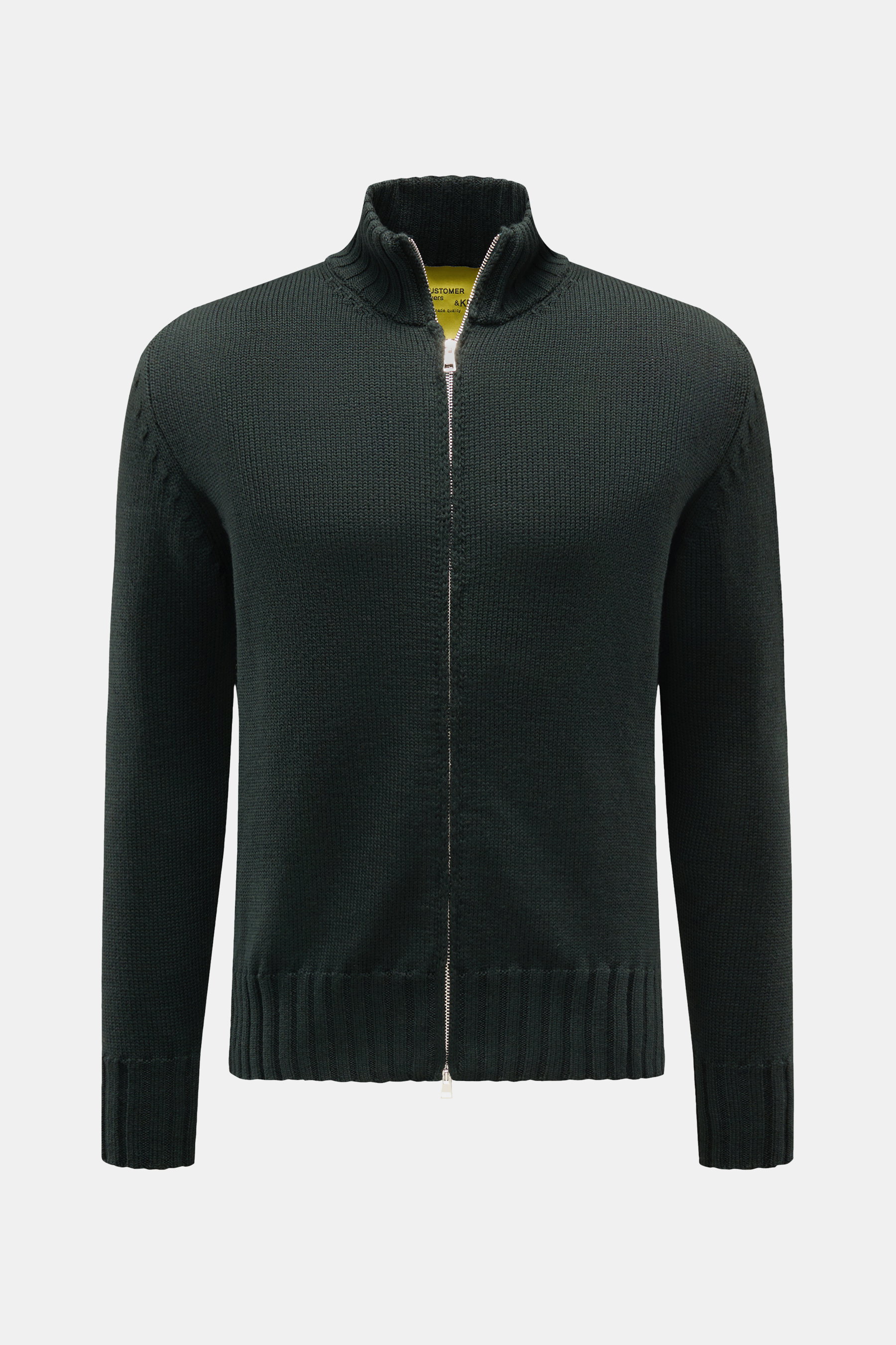 Front view of B.F. Knitwear Merino cardigan dark green in soft pure merino wool, slim fit, semi chunky knit, with standing collar and two-way zip.

<p>A high-quality all-rounder for cool days: This cardigan by B.F. KNITWEAR in soft merino wool with high-f