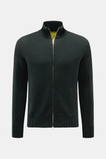B.F. Knitwear Merino Strickjacke dunkelgrün, Frontansicht, Slim Fit, Stehkragen, Zwei-Wege-Reißverschluss, Merinowolle, weicher Griff, Rippbündchen.