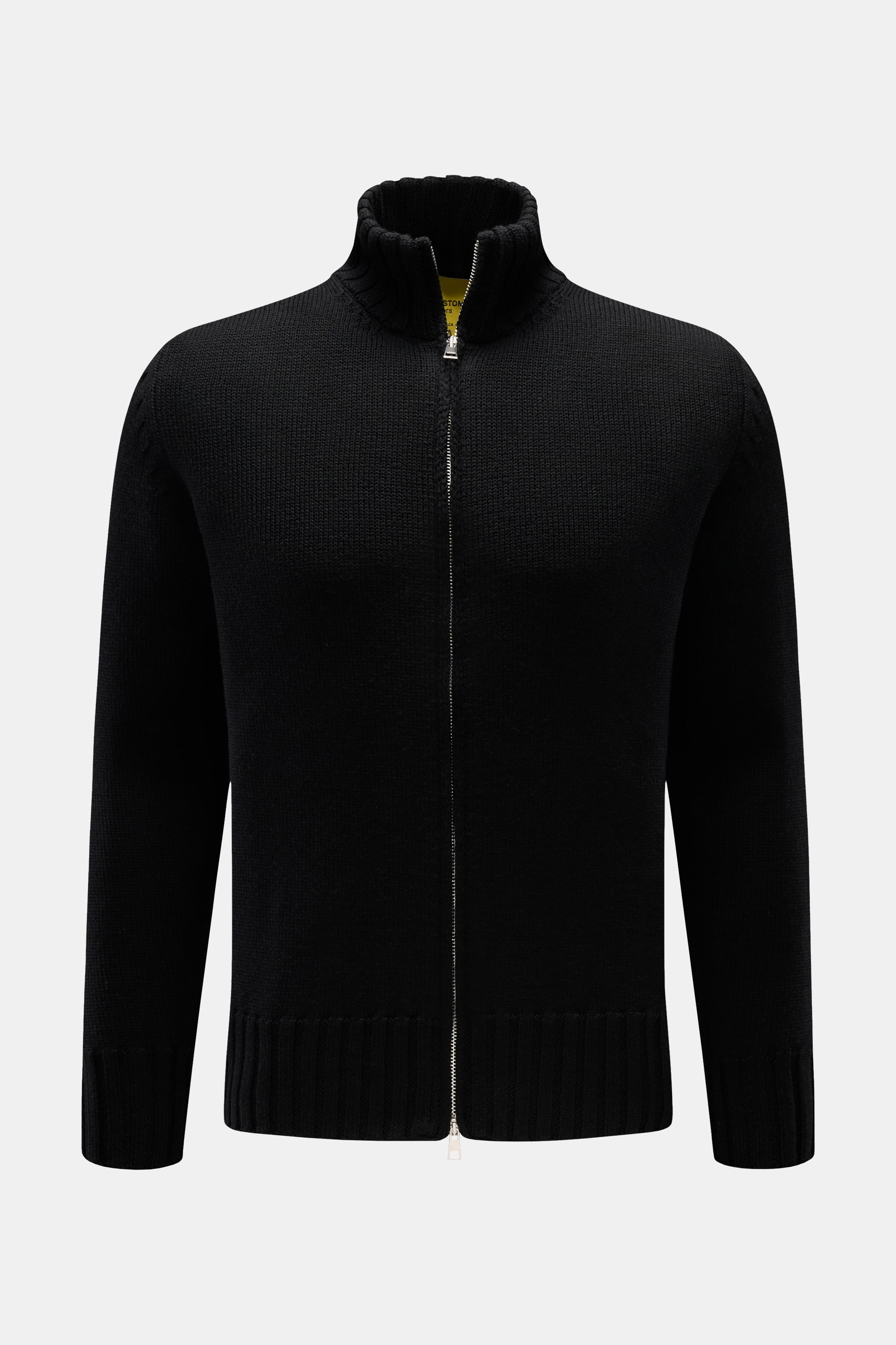 Front view of B.F. Knitwear Merino cardigan black, a slim fit, semi chunky knit cardigan in pure merino wool with a standing collar and two-way zip.