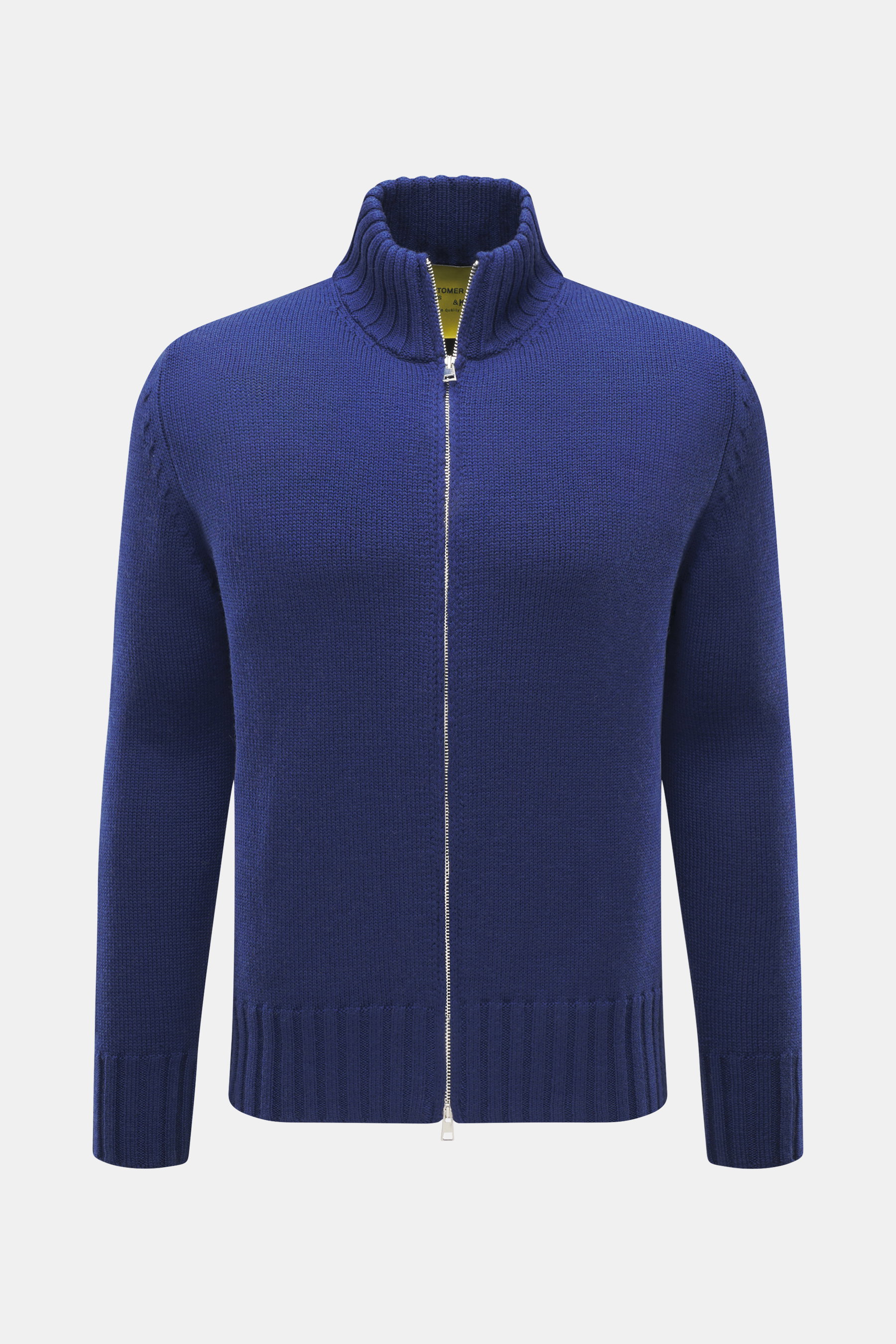 Front view of B.F. Knitwear Merino cardigan dark blue in soft pure merino wool, slim fit with two-way zip, standing collar, ribbed bands.

Description: 
<p>A high-quality all-rounder for cool days: This cardigan by B.F. KNITWEAR in soft merino wool with h