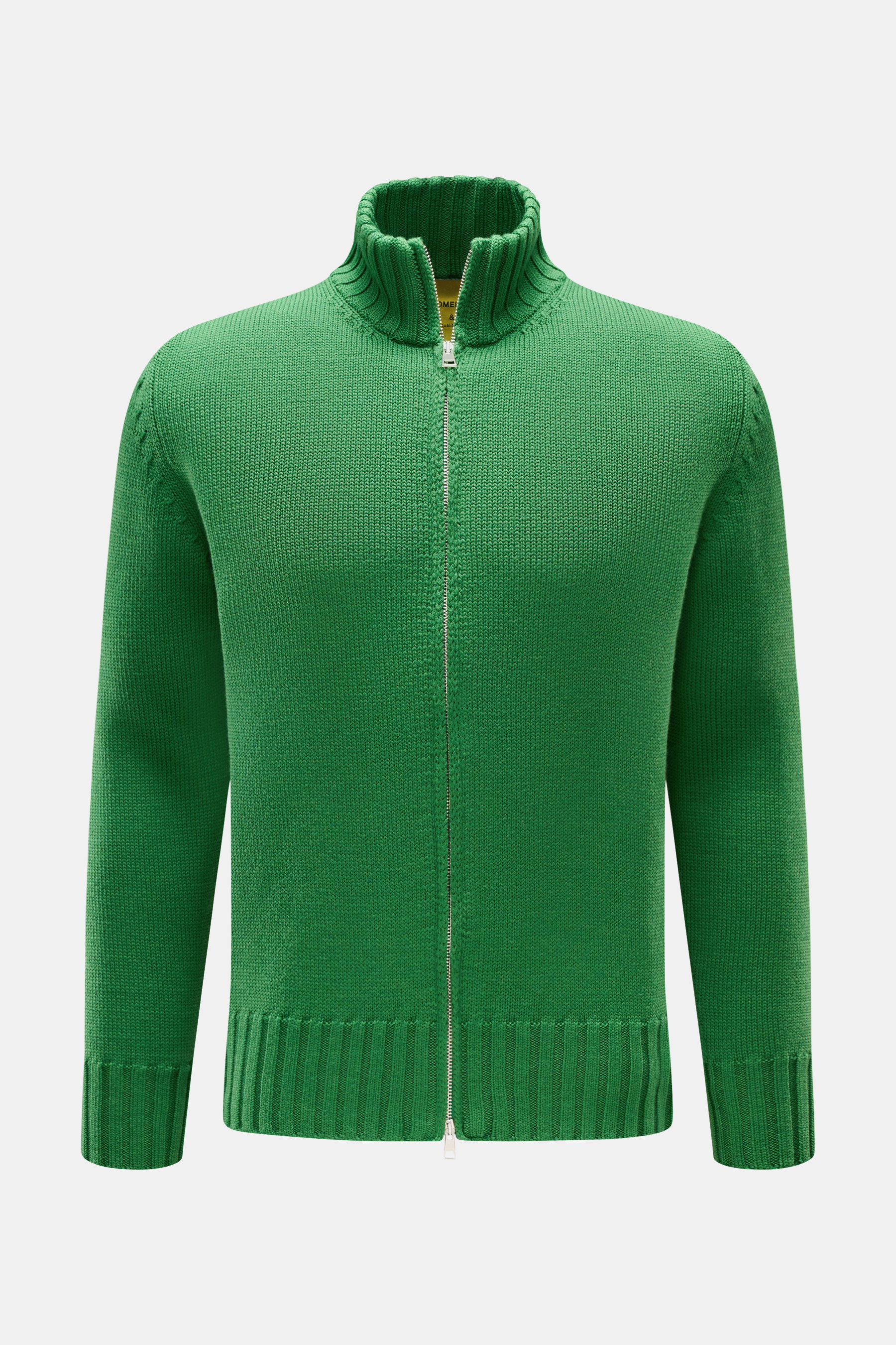 Front view of B.F. Knitwear Merino cardigan green in soft pure merino wool with a high-standing collar, two-way zip, slim fit, semi chunky knit, and ribbed bands.

Description: 
<p>A high-quality all-rounder for cool days: This cardigan by B.F. KNITWEAR i