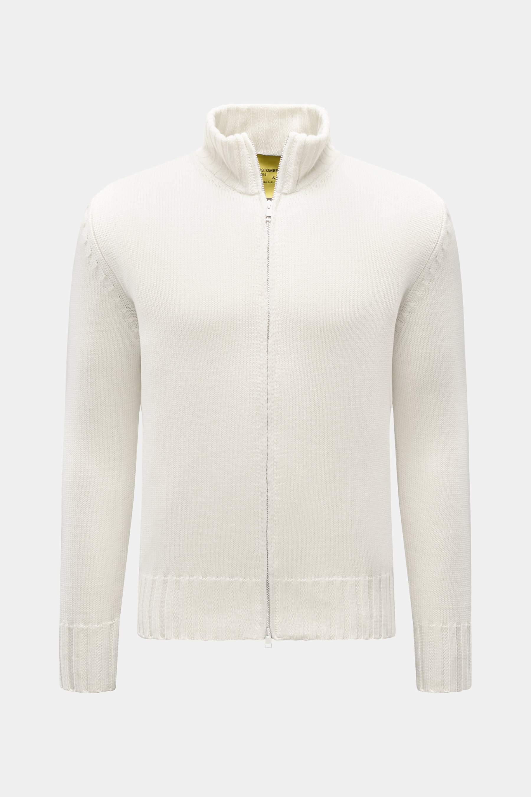 Front view of B.F. Knitwear Merino cardigan off-white in soft pure merino wool, slim fit with standing collar and two-way zip.

Description:  
<p>A high-quality all-rounder for cool days: This cardigan by B.F. KNITWEAR in soft merino wool with high-fasten
