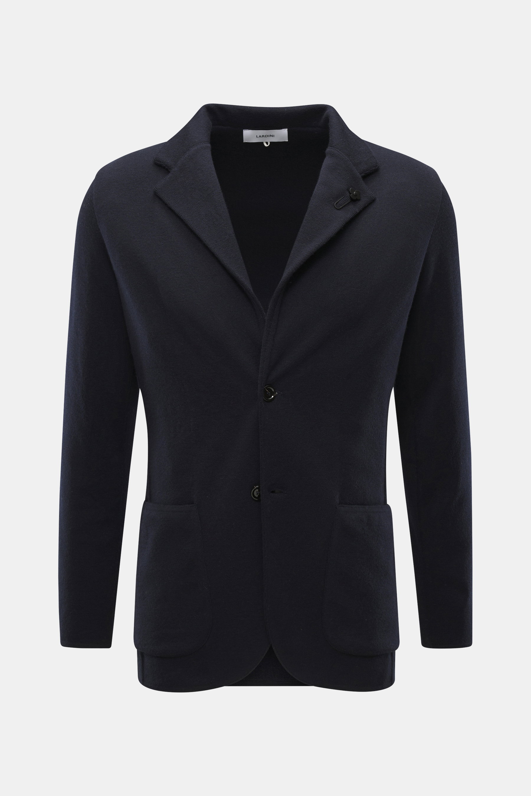 Front view of the Lardini Knitted Blazer Navy in slim fit, pure wool knit with tailored two-button style and lapel flower pin.

Description: <p>With a classic silhouette and made from pure wool, the knitted blazer by LARDINI brings style and personality t