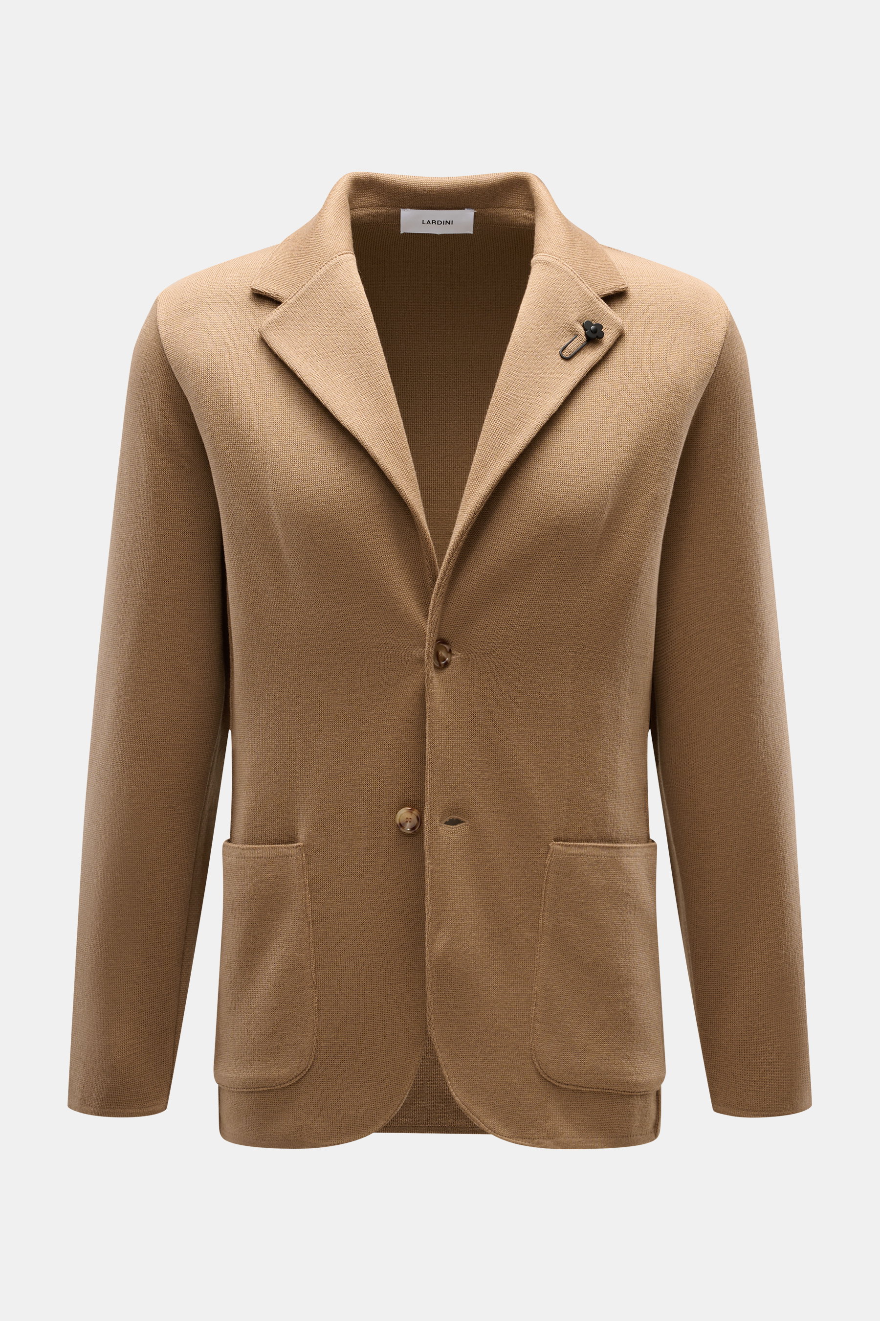 Front view of Lardini Knit blazer light brown, knit from pure wool with soft touch, fine knit pattern, slim fit, tailored two-button style, lapel with flower pin, patch hip pockets, and rear side vents.  

Description:  
<p>With a classic silhouette and m