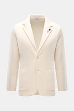 Front view of Lardini Knit blazer cream in pure wool, slim fit with fine knit pattern, two-button style, lapel flower pin, patch pockets.
