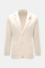 Front view of Lardini Knit blazer cream in pure wool, slim fit with fine knit pattern, two-button style, lapel flower pin, patch pockets.