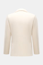 Rear view of Lardini Knit blazer cream, slim fit with soft pure wool knit, fine pattern, tailored two-button style, lapel flower pin, rear vents, and patch hip pockets.