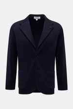 Lardini Knit blazer navy shown from the front, classic silhouette knit from pure wool, soft touch, fine knit pattern, slim fit, two-button style with lapel flower pin and patch hip pockets.