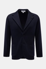 Lardini Knit blazer navy shown from the front, classic silhouette knit from pure wool, soft touch, fine knit pattern, slim fit, two-button style with lapel flower pin and patch hip pockets.