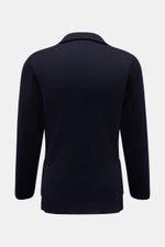 Rear view of Lardini Knit blazer navy in pure wool with slim fit, fine knit, tailored two-button style, lapel flower pin, side vents, and patch pockets.

Description: <p>With a classic silhouette and made from pure wool, the knit blazer by LARDINI brings 