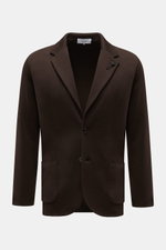 Lardini Knit blazer dark brown shown from the front, slim fit with soft pure wool knit, two-button style, lapel with flower pin, patch hip pockets.  
With a classic silhouette and made from pure wool, the knit blazer by LARDINI brings style and personalit