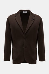 Lardini Knit blazer dark brown shown from the front, slim fit with soft pure wool knit, two-button style, lapel with flower pin, patch hip pockets.  
With a classic silhouette and made from pure wool, the knit blazer by LARDINI brings style and personalit