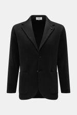 Front view of Lardini Knitted blazer black in pure wool, slim fit, tailored two-button style with lapel flower pin and patch hip pockets.