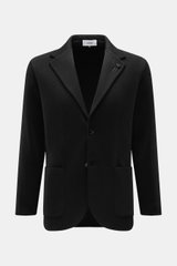 Front view of Lardini Knitted blazer black in pure wool, slim fit, tailored two-button style with lapel flower pin and patch hip pockets.