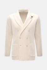 Lardini Knitted blazer cream shown from front view, made from pure wool with soft touch, fine knit, slim fit, double-breasted buttons, lapel with flower pin, rear vents, and patch hip pockets.