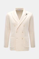 Lardini Knitted blazer cream shown from front view, made from pure wool with soft touch, fine knit, slim fit, double-breasted buttons, lapel with flower pin, rear vents, and patch hip pockets.