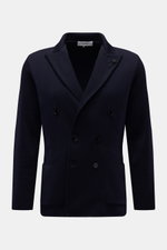 Lardini Knitted blazer navy shown from the front, double-breasted three-button style with lapel flower pin, slim fit, pure wool knit.