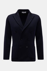 Lardini Knitted blazer navy shown from the front, double-breasted three-button style with lapel flower pin, slim fit, pure wool knit.