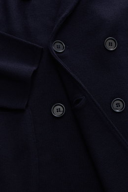 Lardini Knitted blazer navy close-up front view showing double-breasted buttons, fine pure wool knit, soft touch, slim fit, lapel with flower pin.