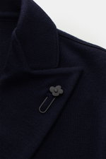 Close-up front angle of the Lardini Knitted blazer navy showing its fine knit pattern, lapel with flower pin, and soft wool texture.

Description: <p>With a classic silhouette and made from pure wool, the stylish knitted blazer by LARDINI perfects your sm