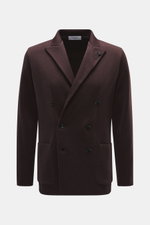 Lardini Knitted blazer dark brown shown front view, slim fit double-breasted wool blazer with lapel flower pin, patch pockets, side vents.