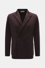 Lardini Knitted blazer dark brown shown front view, slim fit double-breasted wool blazer with lapel flower pin, patch pockets, side vents.