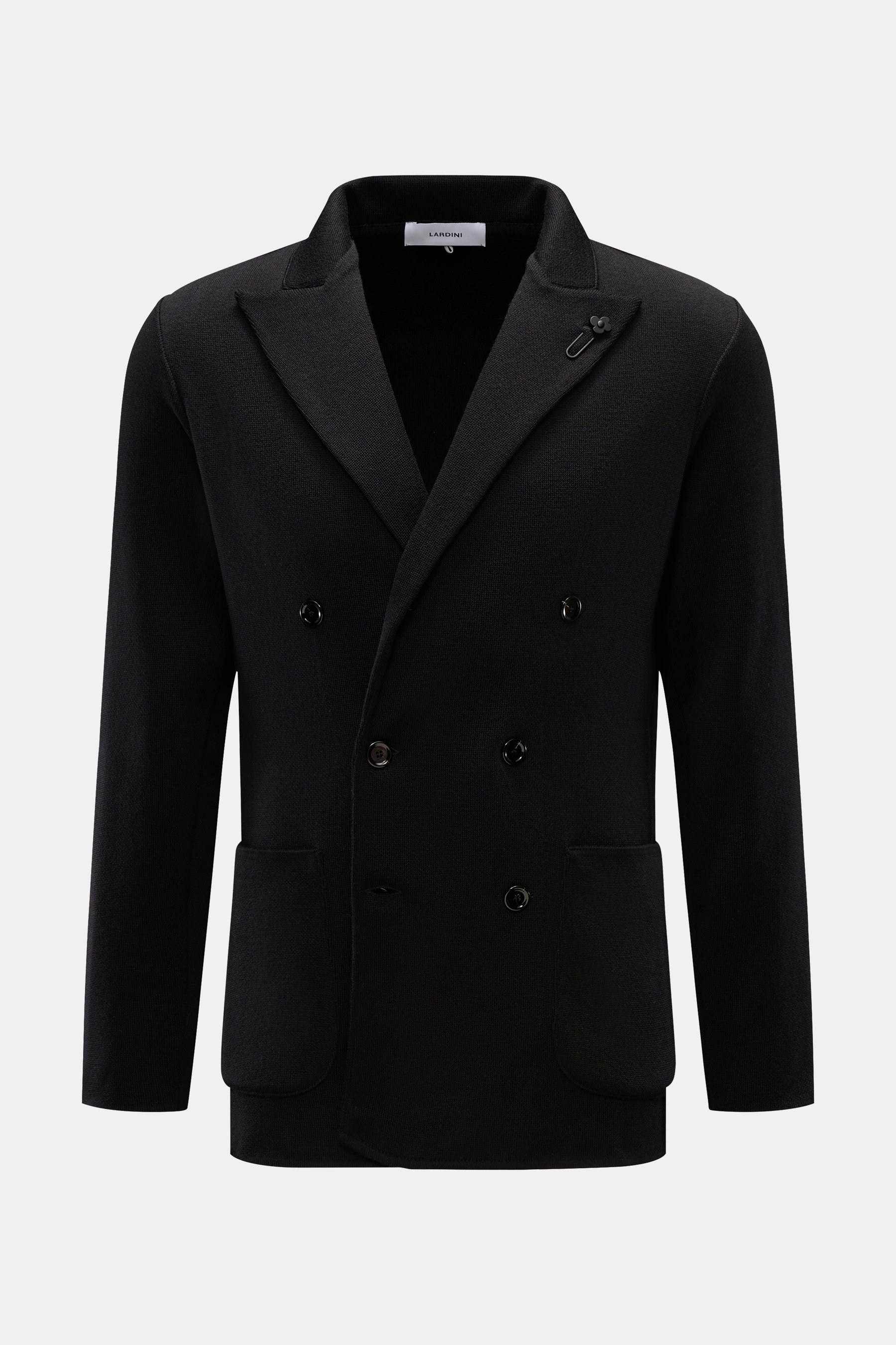 Lardini Strickblazer schwarz, Slim Fit, zweireihig mit Blütenpin und aufgesetzten Taschen, feines Strickbild, Vorderansicht aus reiner Wolle.