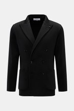 Lardini Knitted blazer black shown from the front, double-breasted with three buttons, lapel with flower pin, patch hip pockets, slim fit, knit from pure wool. With a classic silhouette and made from pure wool, the stylish knitted blazer by LARDINI perfec