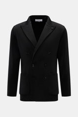 Lardini Knitted blazer black shown from the front, double-breasted with three buttons, lapel with flower pin, patch hip pockets, slim fit, knit from pure wool. With a classic silhouette and made from pure wool, the stylish knitted blazer by LARDINI perfec