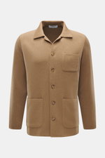 Front view of Lardini Cardigan light brown made of pure new wool, soft feel, fine knit pattern, slim fit, four-button placket, open collar, patch chest pocket, and patch hip pockets.