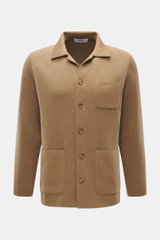 Front view of Lardini Cardigan light brown made of pure new wool, soft feel, fine knit pattern, slim fit, four-button placket, open collar, patch chest pocket, and patch hip pockets.