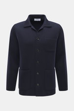 Front view of Lardini Cardigan navy, pure new wool with soft feel, fine knit pattern, slim fit, four-button placket, open collar, patch chest and hip pockets.