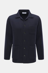 Front view of Lardini Cardigan navy, pure new wool with soft feel, fine knit pattern, slim fit, four-button placket, open collar, patch chest and hip pockets.