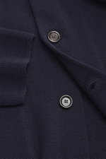 Close-up front view of Lardini Cardigan navy showing pure new wool fabric with soft feel, fine knit pattern, slim fit, four-button placket, open collar, patch chest and hip pockets.