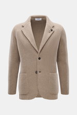 Front view of Lardini Cashmere knit blazer beige melange in slim fit with step lapel, flower pin, two buttons, patch hip pockets, and soft fine knit.

Description: <p>Exquisite knit blazer from LARDINI: This model in smooth, fine pure cashmere knit adds w