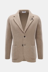 Front view of Lardini Cashmere knit blazer beige melange in slim fit with step lapel, flower pin, two buttons, patch hip pockets, and soft fine knit.

Description: <p>Exquisite knit blazer from LARDINI: This model in smooth, fine pure cashmere knit adds w