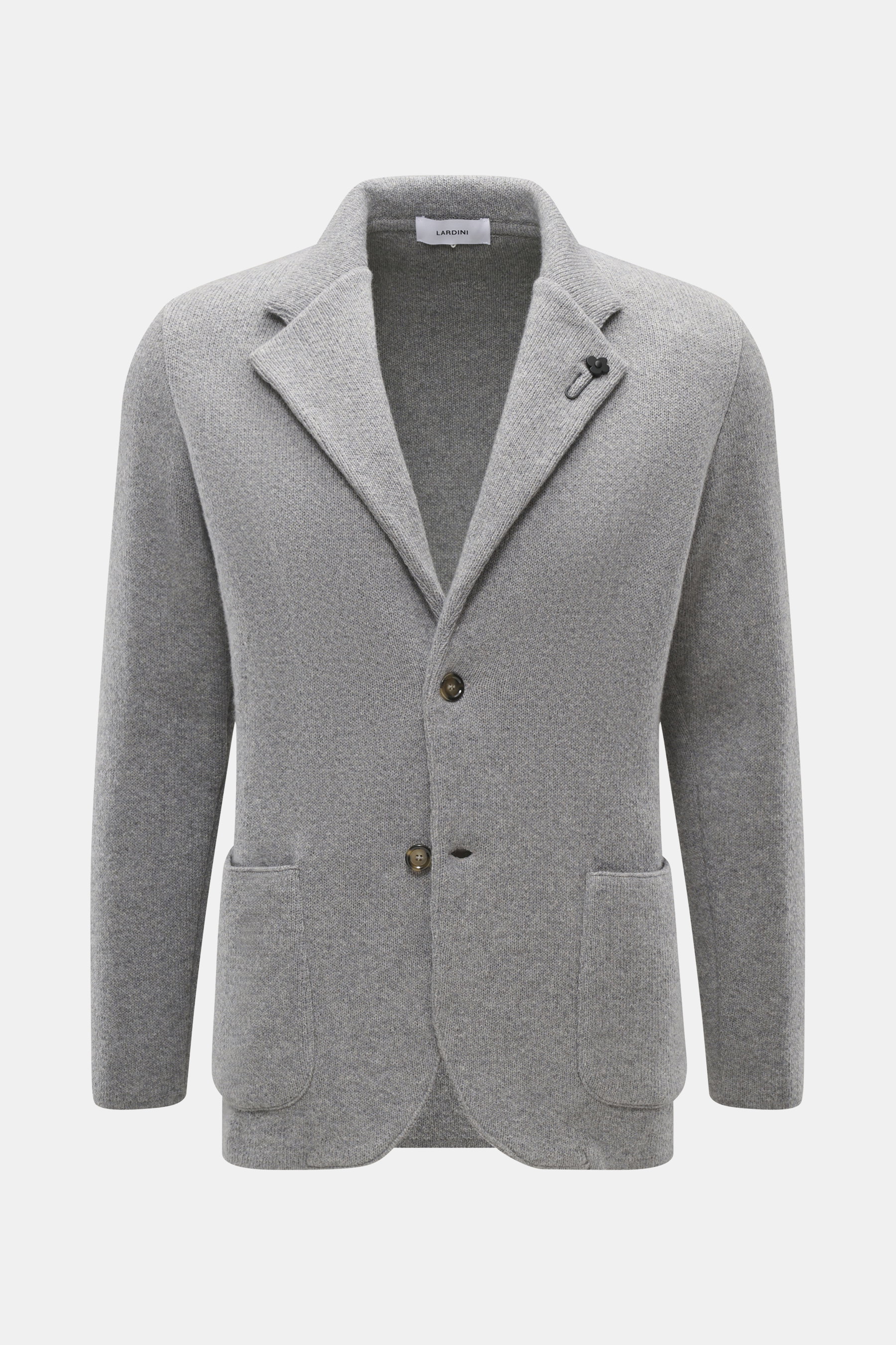 Lardini Cashmere Strickblazer grau meliert in Slim Fit, frontale Nahaufnahme, tailliert mit feinem Strickbild, Revers und Blüten-Anstecker.