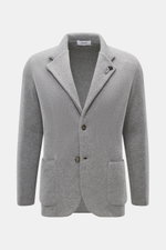 Front view of Lardini Cashmere knit blazer grey melange in slim fit with step lapel, two buttons, flower pin, patch pockets, soft pure cashmere knit.

Description: 
<p>Exquisite knit blazer from LARDINI: This model in smooth, fine pure cashmere knit adds 
