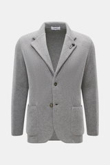 Front view of Lardini Cashmere knit blazer grey melange in slim fit with step lapel, two buttons, flower pin, patch pockets, soft pure cashmere knit.

Description: 
<p>Exquisite knit blazer from LARDINI: This model in smooth, fine pure cashmere knit adds 